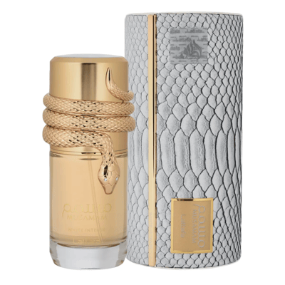 Lattafa Musamam Intense by Lattafa 100ml EDP — Gold snake coiled around a clear glass perfume bottle with gold cap, next to a white textured cylindrical box with gold trim.