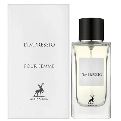Maison Alhambra L'Impressio Pour Femme — White box and clear glass perfume bottle with black cap, featuring a deer logo.