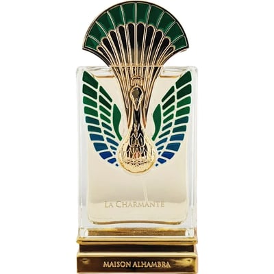 Maison Alhambra La Charmante by Maison Alhambra 100ml EDP — Clear glass perfume bottle with gold base and ornate gold and green peacock feather-inspired cap and detailing on the front.