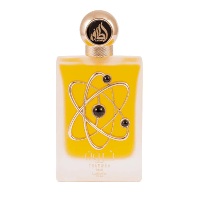 Lattafa Pride Tharwah Gold by Lattafa Pride 100ml EDP — Yellow perfume bottle with a gold atom-like design and black accents, gold cap with Lattafa logo.