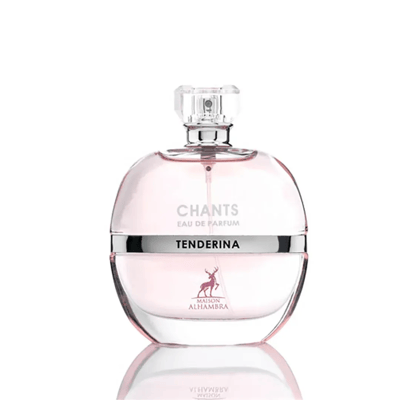 Maison Alhambra Chants Tenderina Eau de Parfum — A light pink perfume bottle with a clear faceted cap and a silver band around the neck, featuring a deer logo and brand name.
