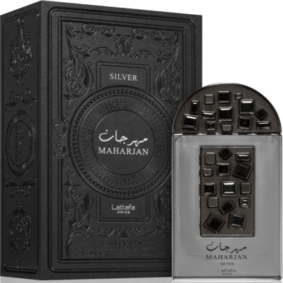 Lattafa Pride Maharjan Silver by Lattafa Pride 100ml EDP — Black embossed box and silver perfume bottle with dark square embellishments.