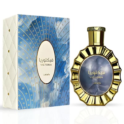 Lattafa Victoria by Lattafa 100ml EDP — Gold fluted bottle with blue cloudy label next to a white and blue patterned box with gold accents