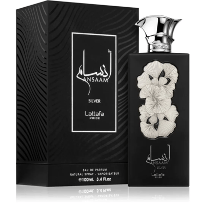 Lattafa Pride Ansaam Silver — Black perfume bottle with silver floral design and ornate silver cap, next to its matching black patterned box.