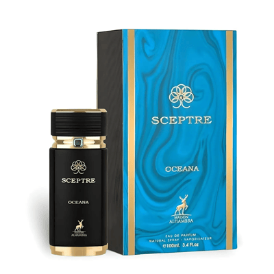 Maison Alhambra Sceptre Oceana — Black perfume bottle with gold accents next to its blue and gold patterned box, white background.