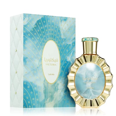 Lattafa Victoria by Lattafa 100ml EDP — A gold-rimmed, ornate perfume bottle with a blue and white marbled design, placed next to its matching patterned box with gold accents.
