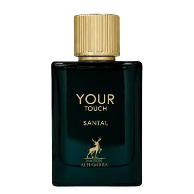 Maison Alhambra Your Touch Santal by Maison Alhambra 100ml EDP — A dark green glass perfume bottle with a fluted gold cap, featuring gold text 'YOUR TOUCH SANTAL' and a gold deer silhouette above 'MAISON ALHAMBRA'.