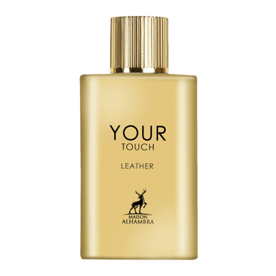 Maison Alhambra Your Touch Leather EDP — A rectangular gold-toned perfume bottle with a fluted gold cap, featuring black text 'YOUR TOUCH LEATHER' and a deer silhouette logo with 'MAISON ALHAMBRA' below.