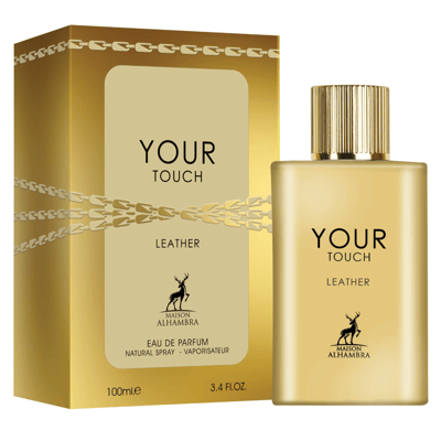 Maison Alhambra Your Touch Leather by Maison Alhambra 100ml EDP — Gold box and bottle of Your Touch Leather fragrance, featuring chain-link design and deer logo.