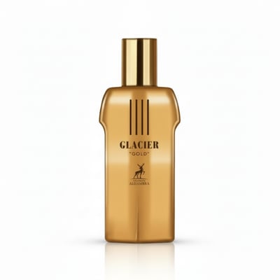 Maison Alhambra Glacier Gold by Maison Alhambra 100ml EDP — A golden perfume bottle with a gold cap, featuring vertical lines and a deer silhouette logo.