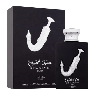 Lattafa Pride Ishq Al Shuyukh Silver — Black perfume box and bottle with silver dagger emblem and Arabic script