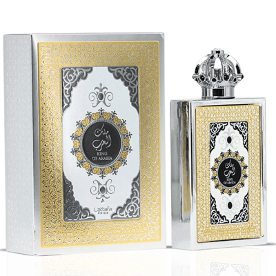 Lattafa Pride King of Arabia — Perfume bottle and its box, both featuring ornate gold and silver Arabic-inspired designs, with the bottle topped by a crown-shaped cap.