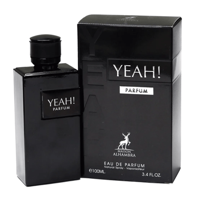 Maison Alhambra Yeah! Parfum Man — Black perfume bottle with a black cap and a silver label reading 'YEAH! PARFUM', placed next to its black product box with 'YEAH!' embossed and a deer logo.