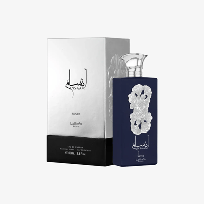 Lattafa Pride Ansaam Silver by Lattafa Pride 100ml EDP — A navy blue perfume bottle with silver floral embellishments and a silver cap, displayed next to its silver and black presentation box.