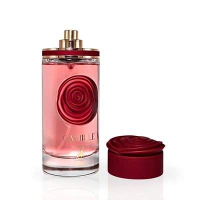 Maison Alhambra Camille by Maison Alhambra 100ml EDP — Pink perfume bottle with a red rose design on the front, gold cap, and a separate red rose-shaped cap next to it, on a white background.