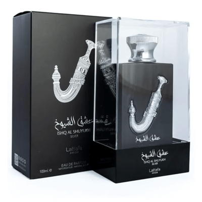 Lattafa Pride Ishq Al Shuyukh Silver by Lattafa Pride 100ml EDP — Black box and clear-cased perfume bottle with silver dagger emblem.