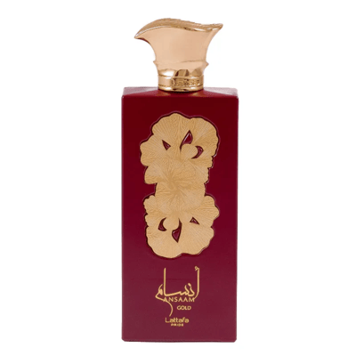 Lattafa Pride Ansaam Gold by Lattafa Pride 100ml EDP — Rectangular deep red perfume bottle with ornate gold floral design and a decorative gold cap.
