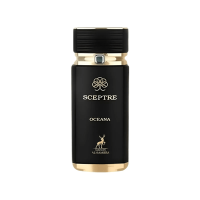 Maison Alhambra Sceptre Oceana — Black perfume bottle with gold accents, featuring a ribbed black cap with a small blue gem, and gold text and deer logo on the front.