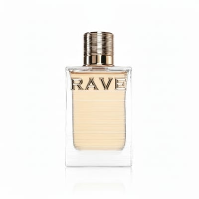 Rave Au Soleil by Rave 100ml EDP — Clear glass perfume bottle with a ribbed gold cap, showing pale yellow liquid inside. The word 'RAVE' is embossed on the front.