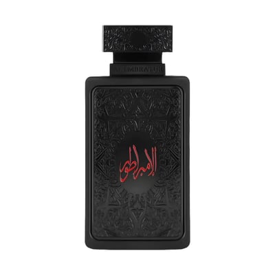 Zimaya Al Embratur Absolu Eau De Parfum 100ml by Zimaya — A black rectangular perfume bottle with ornate embossed patterns and red Arabic calligraphy on the front, against a white background. | Zimaya Al Embratur Absolu Eau De Parfum 100ml by Zimaya — Botol minyak wangi hitam segi empat dengan corak timbul berukir dan