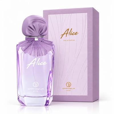 Grandeur Alice by Grandeur 100ml EDP Women — Purple pleated fabric cap and collar on a clear glass perfume bottle, with a matching purple box featuring embossed lines and gold text.