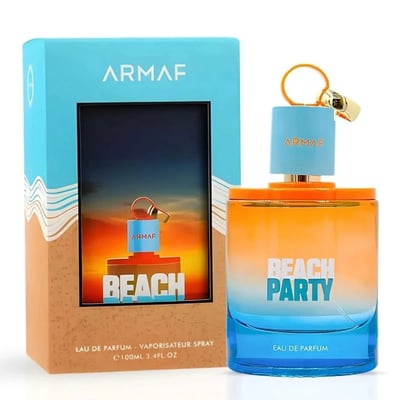 Armaf Beach Party Eau De Parfum 100ml — A perfume box and bottle with a sunset beach scene on the box and a gradient orange-to-blue bottle, with the text 'BEACH PARTY' visible. | Armaf Beach Party Eau De Parfum 100ml — Kotak dan botol minyak wangi dengan pemandangan pantai matahari terbenam pada kotak dan botol