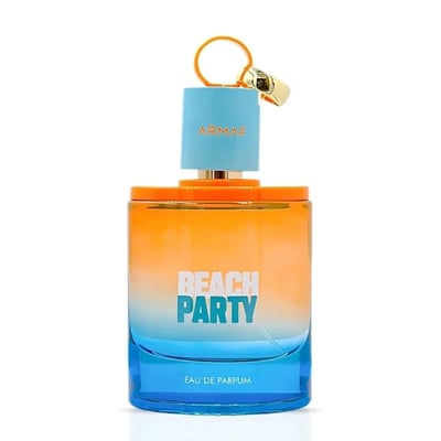 Armaf Beach Party Eau De Parfum — A gradient glass bottle with orange and blue hues, featuring the text 'BEACH PARTY' in white and blue. The cap is light blue with a gold accent and orange loop. | Armaf Beach Party Eau De Parfum — Botol kaca gradien dengan warna jingga dan biru, menampilkan teks 'BEACH PARTY' dalam