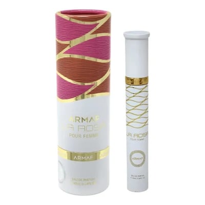 Armaf La Rosa Eau De Parfum 10ml — A cylindrical perfume bottle and its matching cylindrical outer packaging tube, both featuring white bases with gold accents and pink and brown striped patterns on the tube's top section. | Armaf La Rosa Eau De Parfum 10ml — Botol minyak wangi silinder dan tiub pembungkusan luarnya