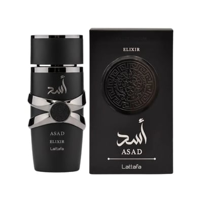 Lattafa Asad Elixir Lattafa 100ml for Men — Black perfume bottle with silver accents and Arabic script, next to its black presentation box with embossed circular design.