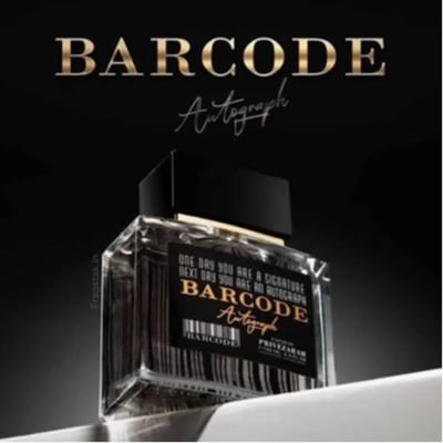 Paris Corner Autograph 100ml — A clear glass perfume bottle with a black cap and a black label featuring a barcode and gold text "BARCODE Autograph" against a dark gradient background. | Paris Corner Autograph 100ml — Botol minyak wangi kaca jernih dengan penutup hitam dan label hitam menampilkan kod bar dan teks emas