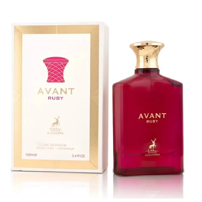 Maison Alhambra Avant Ruby Eau De Parfum 100ml — A red glass perfume bottle with a gold cap stands next to its white and gold box, both featuring the Avant Ruby branding and a deer logo. | Maison Alhambra Avant Ruby Eau De Parfum 100ml — Botol kaca merah dengan penutup emas berdiri di sebelah kotak putih dan emasnya