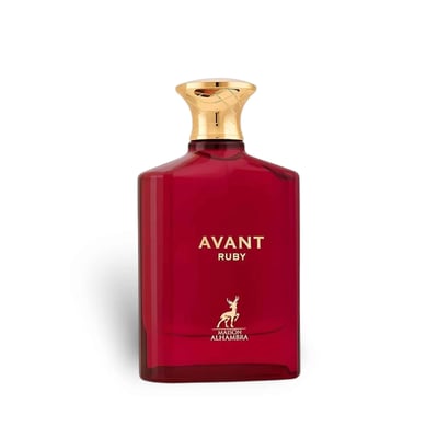 Maison Alhambra Avant Ruby Eau De Parfum 100ml — A red glass perfume bottle with a gold cap, featuring gold text and a deer logo. | Maison Alhambra Avant Ruby Eau De Parfum 100ml — Botol kaca merah dengan penutup emas, menampilkan teks emas dan logo rusa.