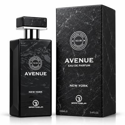 Grandeur Avenue New York by Grandeur 100ml EDP Men — Black marble-patterned perfume bottle and box set, featuring a circular logo with 'NO 99 VAPORISATEUR' and 'AVENUE EAU DE PARFUM NEW YORK' text.