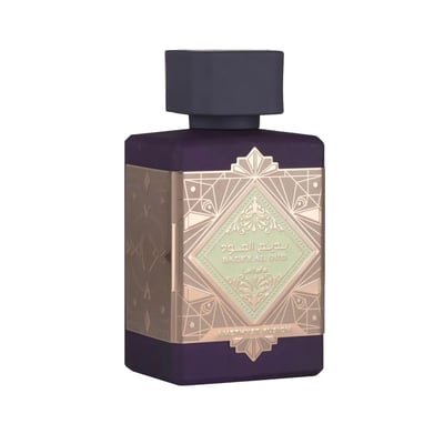 Lattafa Bade'e Al Oud Amethyst Fusion 100ml — A purple perfume bottle with a dark grey cap, featuring a gold and mint green geometric label with Arabic and English text.