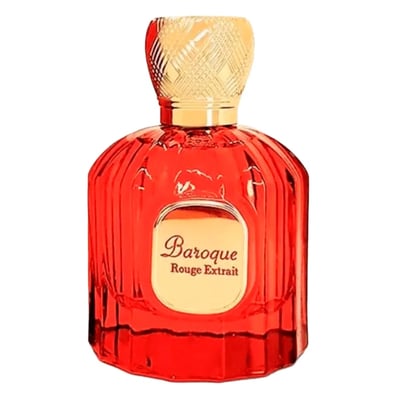 Maison Alhambra Baroque Rouge Extrait 100ml — A red glass perfume bottle with a gold textured cap, featuring a gold oval label with black text reading 'Baroque Rouge Extrait'. | Maison Alhambra Baroque Rouge Extrait 100ml — Botol kaca merah dengan penutup bertekstur emas, menampilkan label bujur emas dengan teks hitam