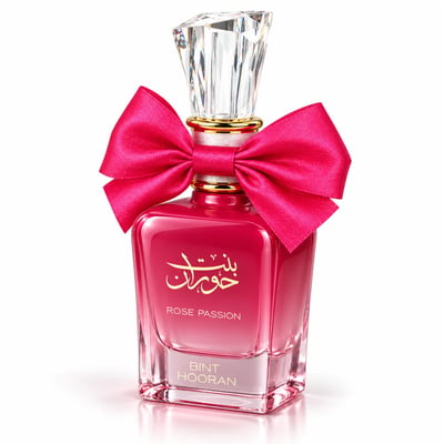 Ard Al Zaafaran Bint Hooran Rose Passion — Pink perfume bottle with a large fuchsia bow tied around the neck, gold accents, and a crystal-like cap.