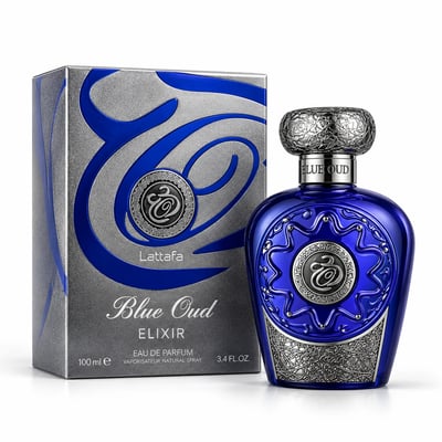 Lattafa Blue Oud Elixir — Blue glass perfume bottle with ornate silver accents and a textured silver cap, next to its matching silver and blue patterned box.