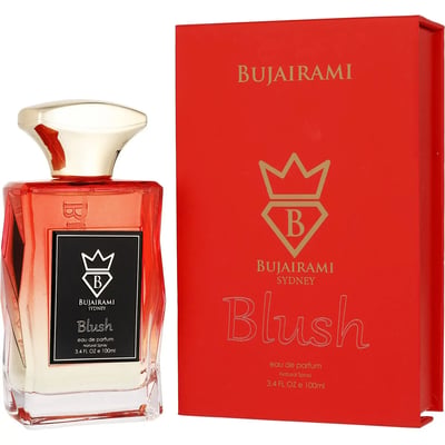 Bujairami Blush Eau de Parfum 100ml — Red box and glass perfume bottle with gold cap and black label featuring a crown and 'B' logo