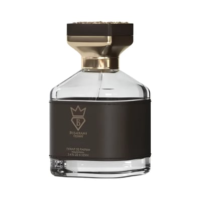 Bujairami Boss Life by Bujairami 100ml Extrait de Parfum — Clear glass perfume bottle with a dark brown label featuring a gold crown and diamond logo, and a textured gold and dark brown cap.