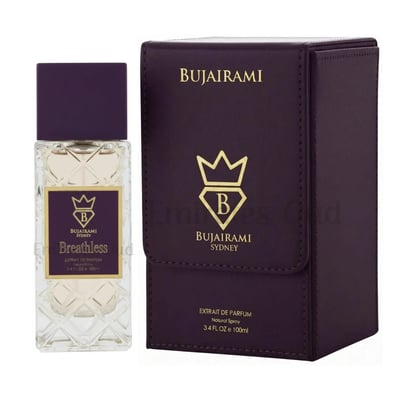 Bujairami Breathless by Bujairami 100ml Extrait — Clear glass perfume bottle with a textured diamond pattern, a deep purple cap, and a gold and purple label, next to its matching deep purple presentation box with gold branding.