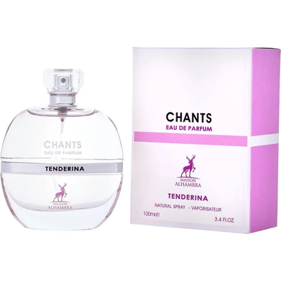 Maison Alhambra Chants Tenderina — Clear glass perfume bottle with a clear faceted cap, next to its white and pink box. The box features a deer logo and text.