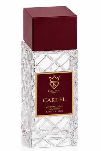 Bujairami Cartel by Bujairami 100ml Extrait — Clear faceted glass bottle with a deep red cap and a maroon label featuring a gold crown logo and text.