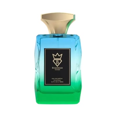 Bujairami Chroma by Bujairami 100ml Eau de Parfum — A blue and green gradient glass perfume bottle with a gold cap and a black label featuring a crown and the letter B.