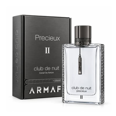Armaf Club de Nuit Precieux II — A clear glass perfume bottle with a black cap and a metallic tag on a chain, next to its dark grey textured box with silver lettering.
