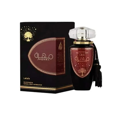 Lattafa Mohra by Lattafa 100ml EDP — Black box with gold tree motif next to a dark glass perfume bottle with a clear faceted cap and black tassel