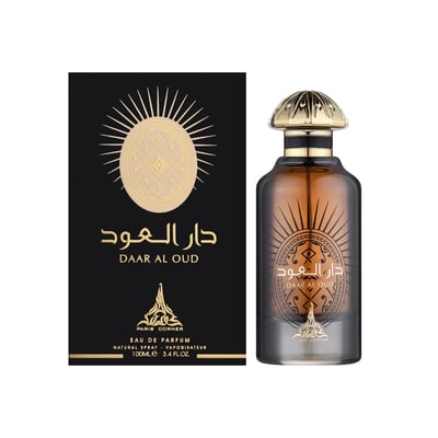 Paris Corner Daar Al Oud Intense 100ml — Black box with gold sunburst and Arabic text next to a glass perfume bottle with gold cap and matching design. | Paris Corner Daar Al Oud Intense 100ml — Kotak hitam dengan pancaran matahari emas dan teks Arab di sebelah botol minyak wangi kaca dengan penutup emas dan reka