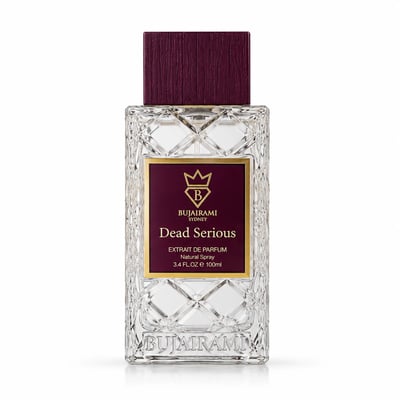 Bujairami Dead Serious by Bujairami 100ml Extrait Unisex — Clear faceted glass perfume bottle with a deep red textured cap and a rectangular label featuring a gold crown logo and "Dead Serious" text.