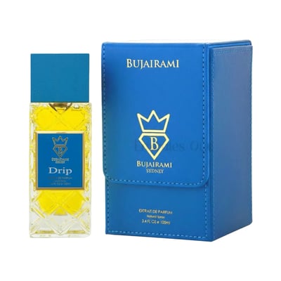 Bujairami Drip by Bujairami 100ml Extrait — Yellow perfume liquid in a clear glass bottle with a blue cap, next to a blue presentation box with gold logo.