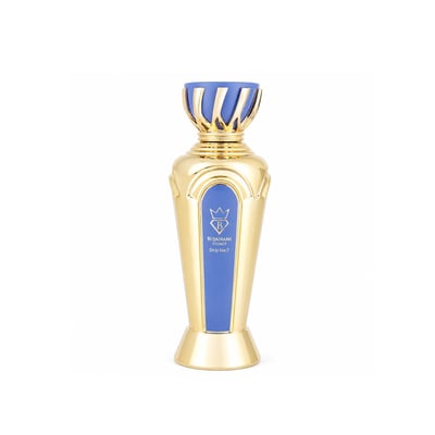 Bujairami Drip No. 7 Bujairami 100ml EDP — A tall, ornate gold perfume bottle with a blue accent panel and a crown-like gold and blue cap, set against a white background.