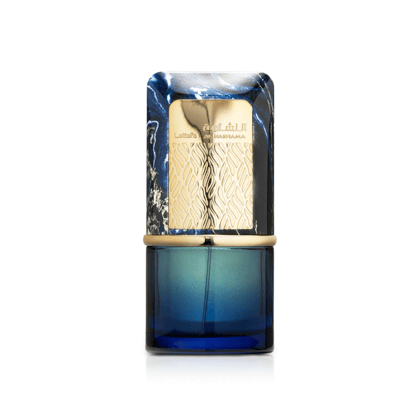 Lattafa Al Nashama Caprice — Blue marbled cap with gold accent, on a blue glass bottle, isolated on white